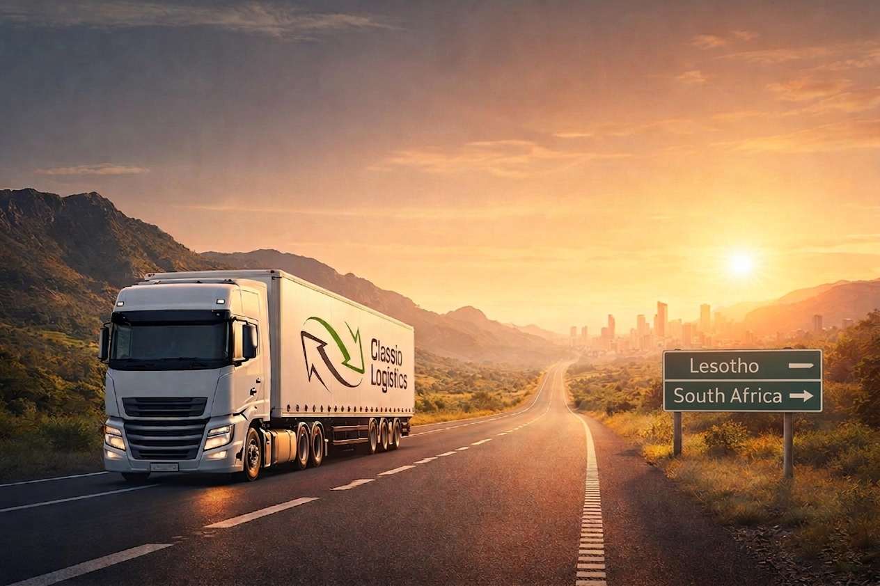 Classio Logistics truck on a Lesotho mountain highway at sunrise